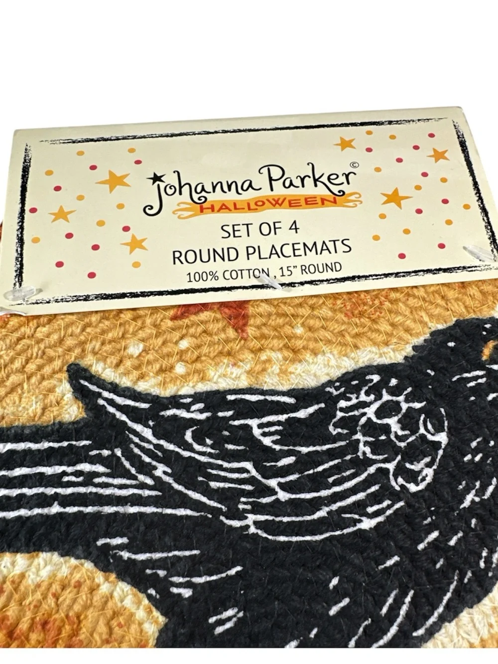 NEW Johanna Parker PUMPKIN & CROW HALLOWEEN Round Placemat Set/4